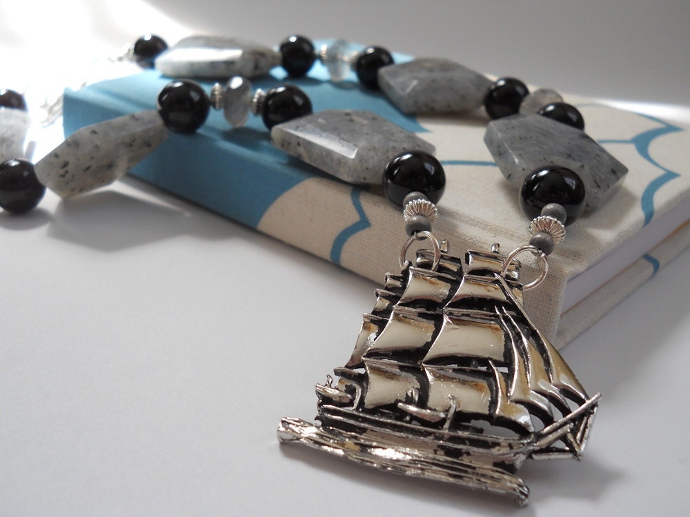 She Walked the Plank with Grace and Poise necklace feat. vintage pirate ship brooch, silver, onyx, spotted chalcedony, cloudy quartz.