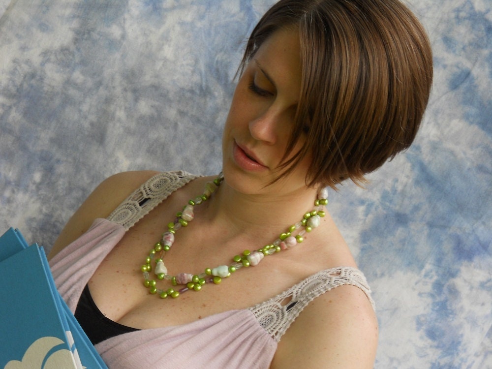 Grass Parted for Her When She Walked Barefoot necklace - pink, green, pearls, fluorite