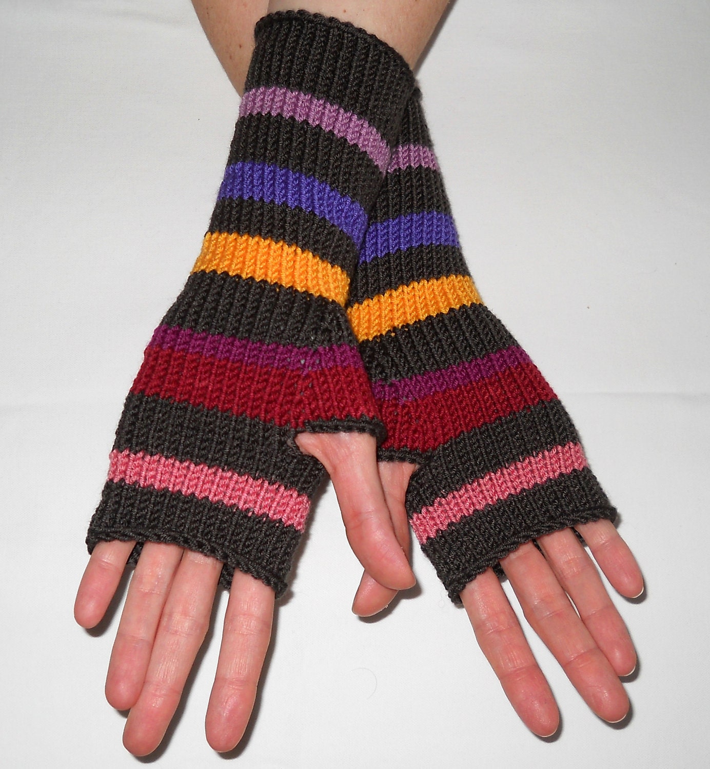 Fall / Winter MERINO blend hand knitted fingerless gloves with snowflakes in CHOCOLATE ...
