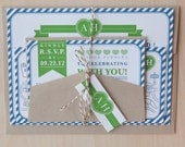 Modern Wedding Invitation, preppy stripes invitation, Postcard invitation with heart banner, bakers twine,  monogram tag