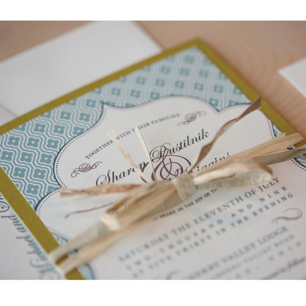 Vintage Wedding Invitation, Rustic Chic, Country Chic, Barn- Sharon pattern with classic frame invitation with raffia bow