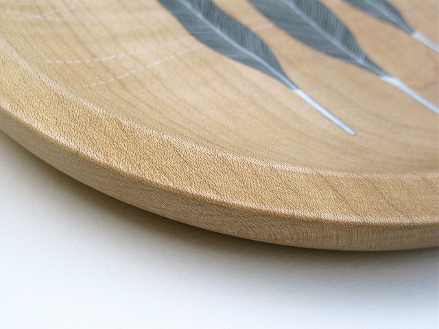 sycamore wood plate // handpainted design // three feathers by natasha newton