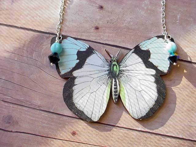 Moth Necklace Giant Moth Butterfly Pendant Turquoise Black White
