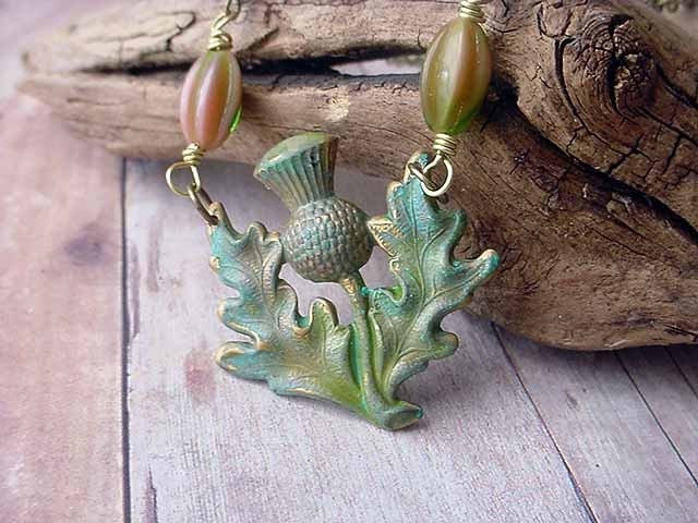 Thistle Necklace - Green Spring Pendant - Verdigris Patina on Brass - gift Box