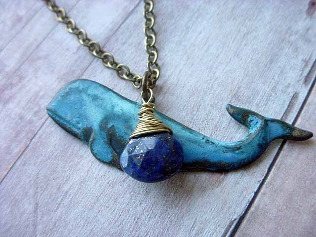 Blue Whale Pendant - Nautical Ocean Sea Life Necklace - Gold Brass Wire Wrapped Gemstone - Lapis Lazuli Briolette Gift Box