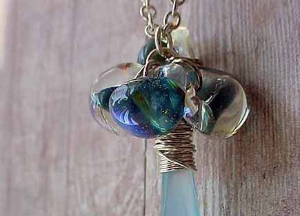 Aqua Blue Periwinkle and Water Drops Pendant  - Sterling Silver wire wrapped Aqua Briolette and Lampworked beads