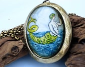 Mermaid Locket - Nordic Mermaid Pendant - Vintage Illustration, Nautical, Brass - Secret Hiding Place - Gift Box