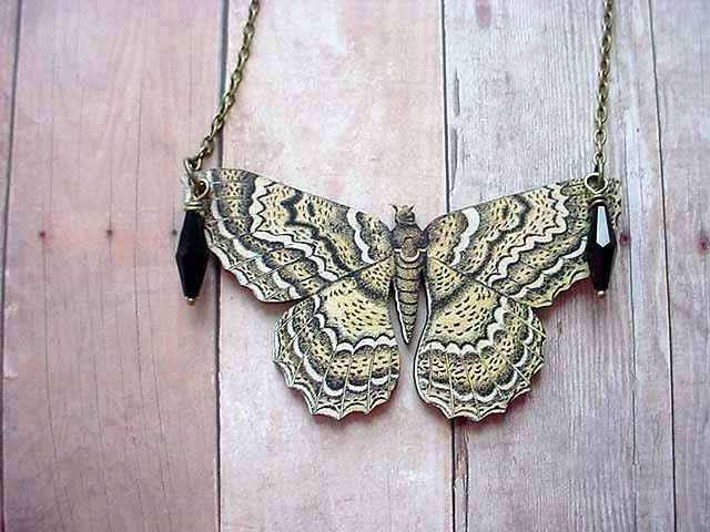 Moth Necklace Butterfly Pendant Black Yellow Wood for the Butterfly Collector Gift for Her Under 25