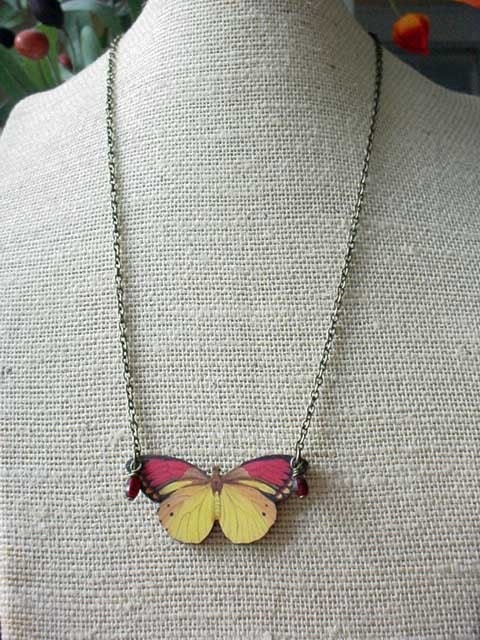 Butterfly Pendant in Red and Yellow necklace moth insect collector gift for her under 25 gift box