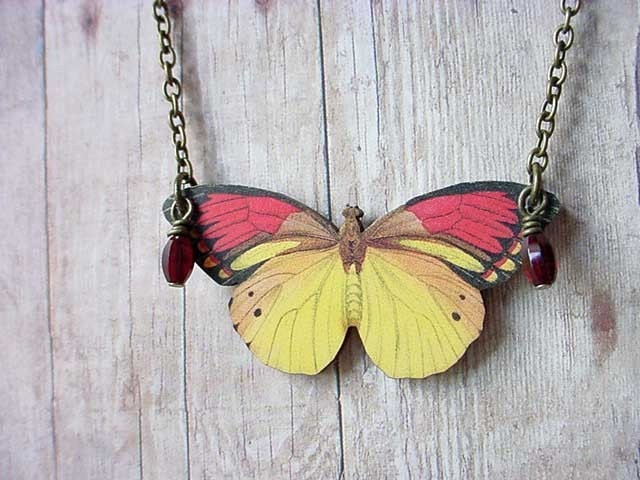 Butterfly Pendant in Red and Yellow necklace moth insect collector gift for her under 25 gift box