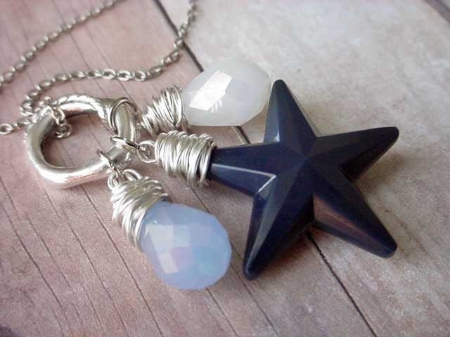 Silver Wire Wrapped Blue Star Pendant Necklace with Crystal Charms - Baby, I'm a Star