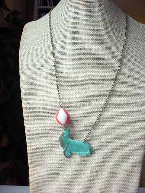 Sea Lion Pendant Circus Act Necklace  - Turquoise Patina Brass with Vintage Lucite Orange White Balancing Ball