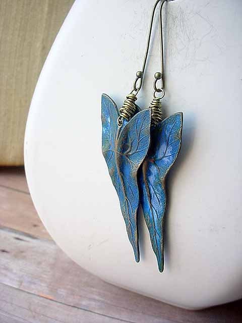 Tropical Earrings Ocean Blue Gold Brass Caladium Leaves Hand Patina Wire Wrapped Dangles Resort Cruise
