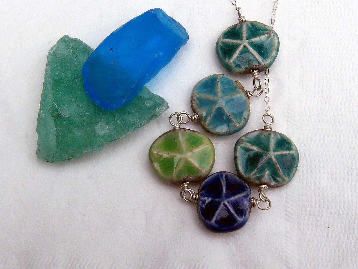 Starfish Necklace Ceramic Raku Sea Star Beads in Ocean Hues - Teal Blue, Aquamarine, Peridot Green, Sodalite Blue, on Sterling Silver