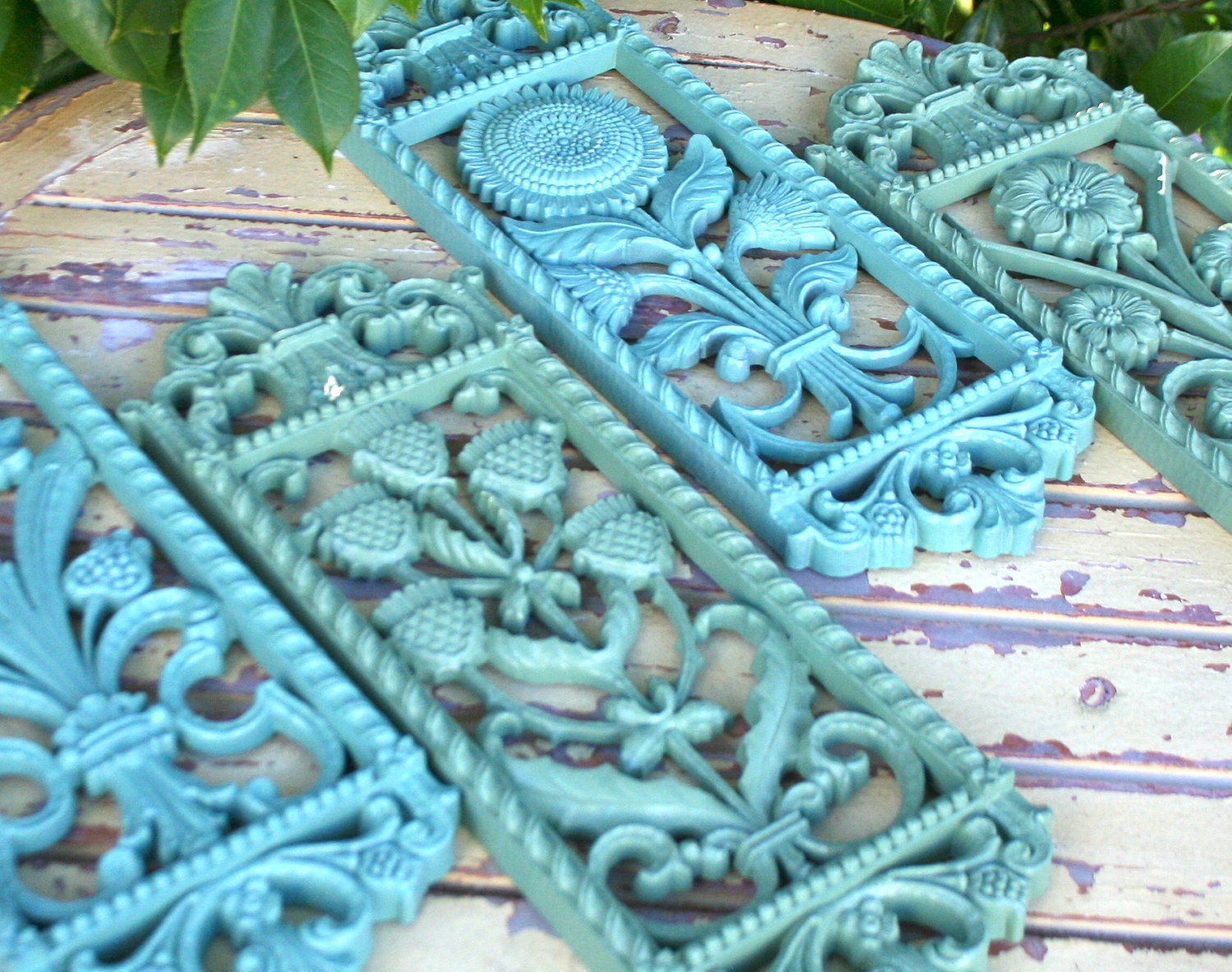 Vintage Floral Wall Sculptures  Aqua Blue & Jade Green Carved 1975 Homco Wall Art