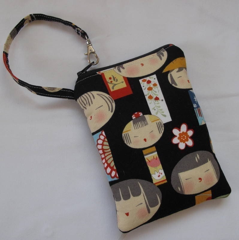 Customizeable gadget case in Alexander Henry Black Yui Kokeshi Dolls and Red Minky SEE SHOP ANNC. FOR FREE SHIPPING OFFER