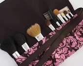 Makeup Brush Roll in Michael Miller Cocoa Dandy Damask and dark brown - Large Size - See shop annc. for free shipping offer