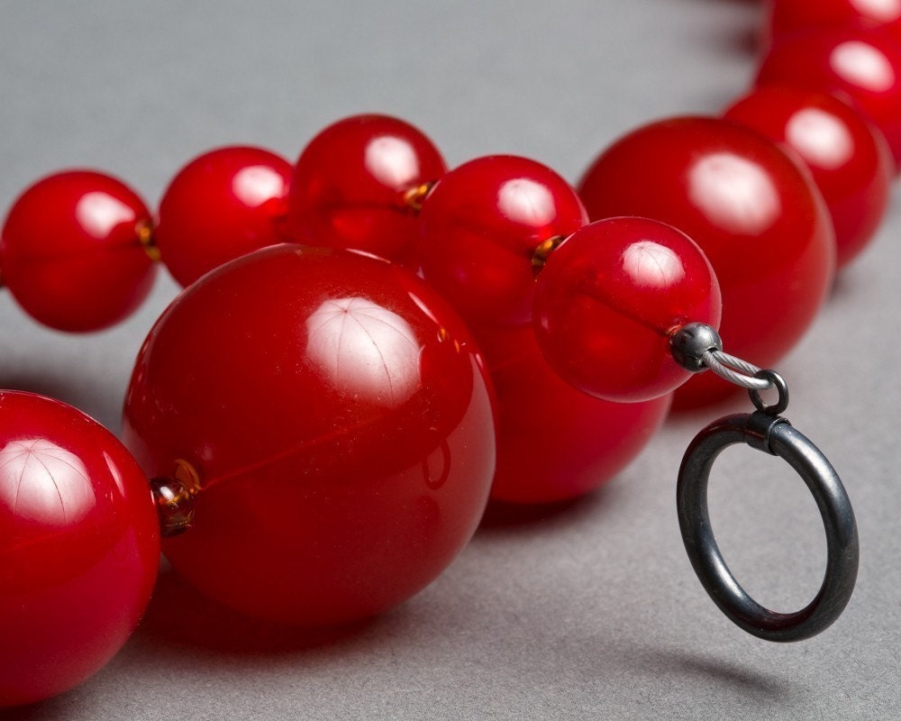 Lipstick Red Necklace with Hollow Hand-Blown Glass and Sterling Silver - Light as Air