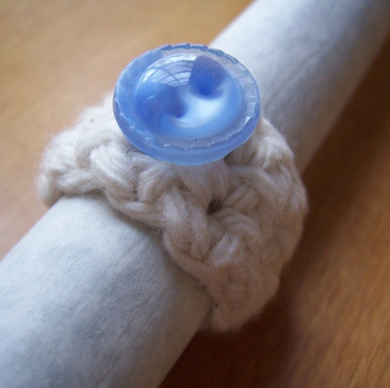 Recession Ring, Crochet Natural Ring with Blue Glass Antique Button, Free US Shipping