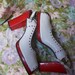 Red patent, and white leather platform peep toe slingbacks. 9 1/2 S (NARROW) Saks Fifth Ave.