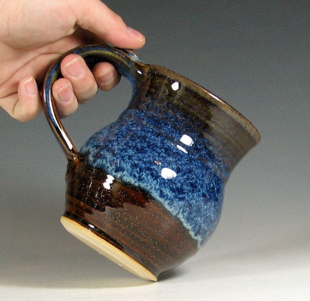 Mug coffee ceramic, glazed in brown and blue, tea cup stoneware, handmade by hughes pottery
