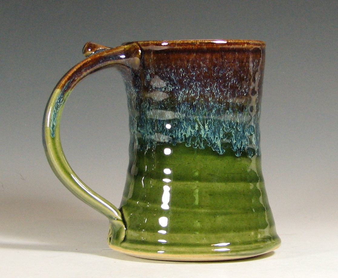 Coffee mug ceramic, beer tankard stein cup, glazed in green brown, handmade stoneware by hughes pottery