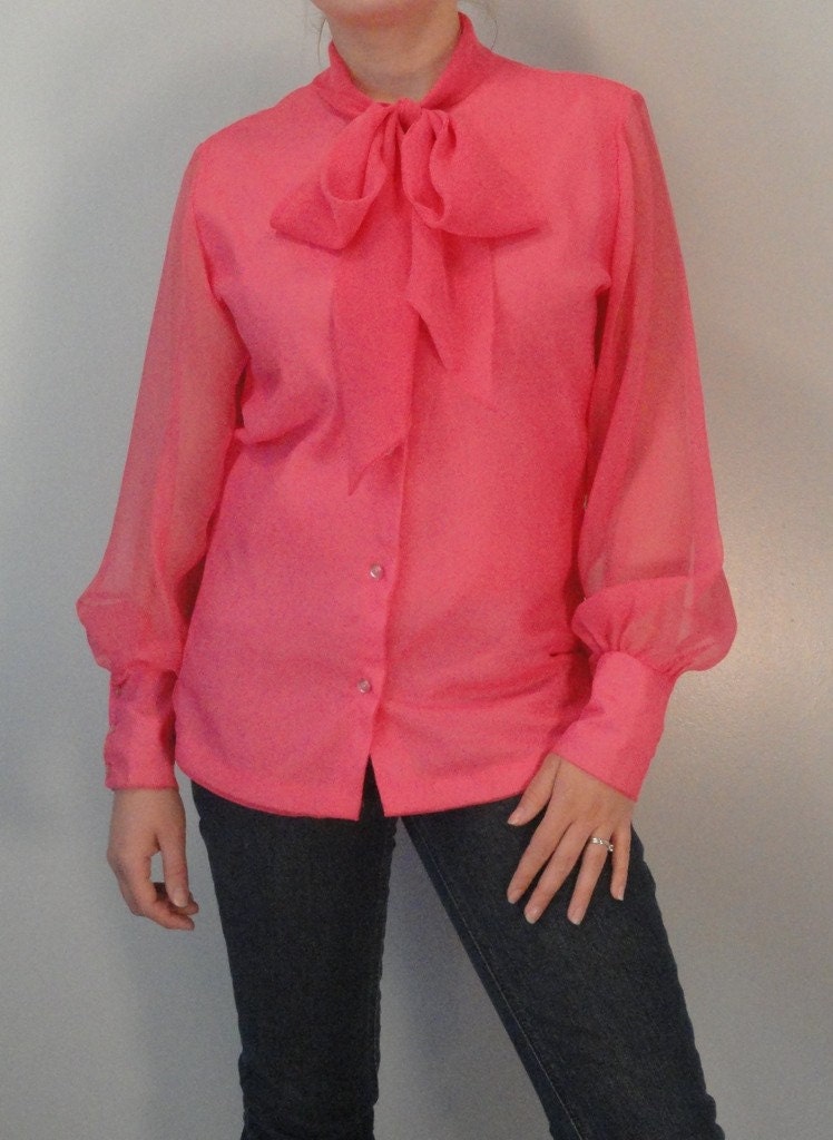 Sheer Hot Pink Vintage Secretary Blouse 1970s 1980s Size Medium