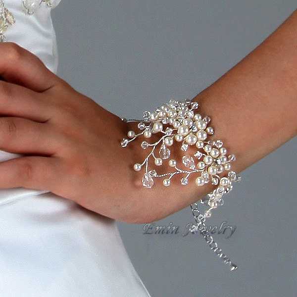 Bridal Bracelet, Ivory Pearl Rhinestone Bracelet, Pearl Wedding Bracelet, Crystal Wide Bracelet, Bridesmaids Bride Jewelry