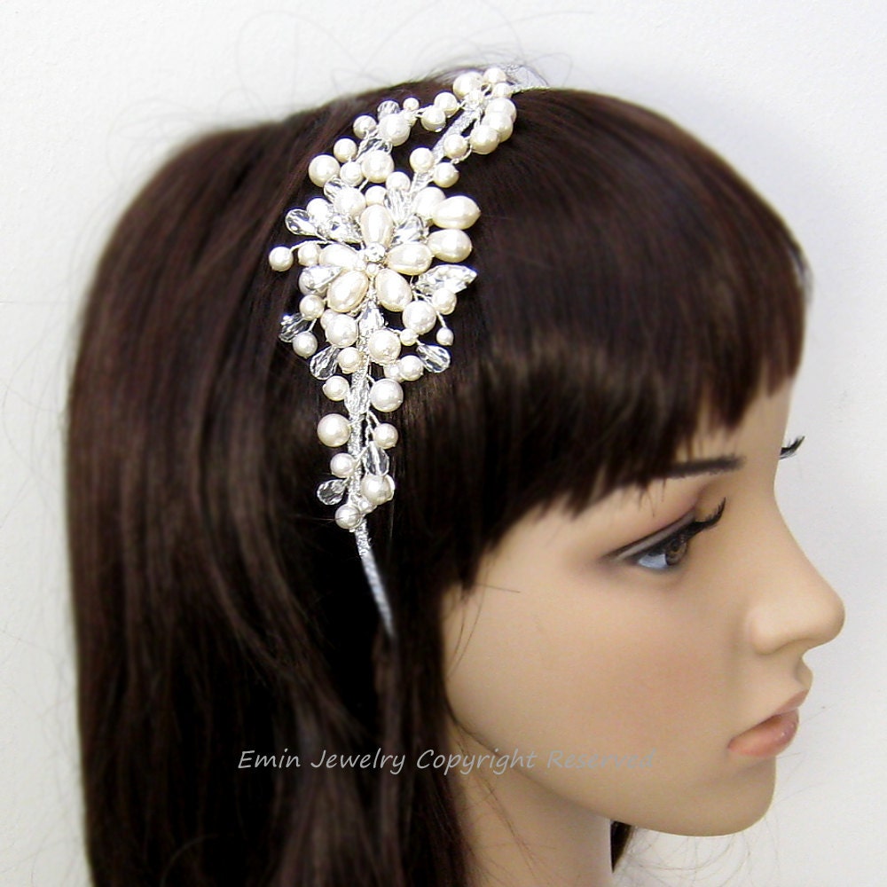 Wedding Bridal Hair Accessories, Luxury Swarovski Ivory Pearl Bridal Silver Hairband Hair Band Piece jewelry Tiara HB02