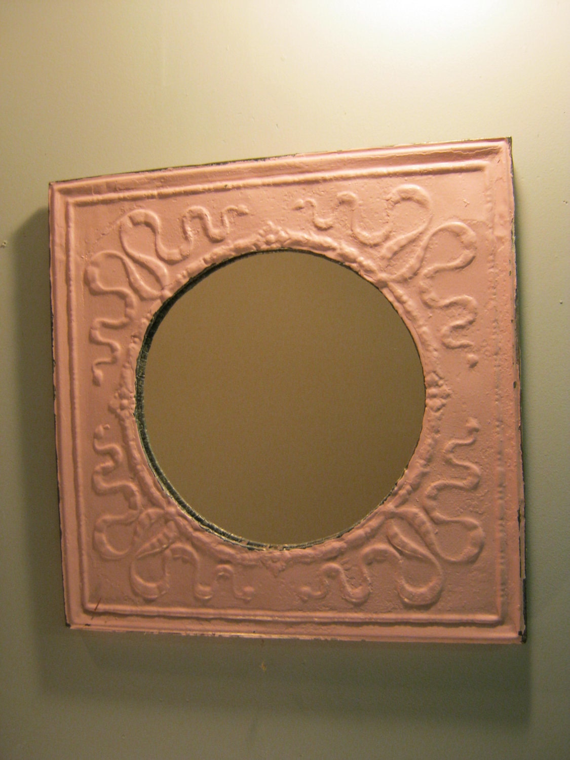 TIN CEILING Metal Mirror 21"x21" Pink Shabby Recycled CHIC S 330-12