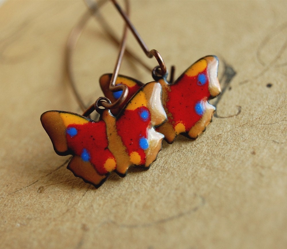 red papillon - vintage enameled copper butterfly dangle earrings