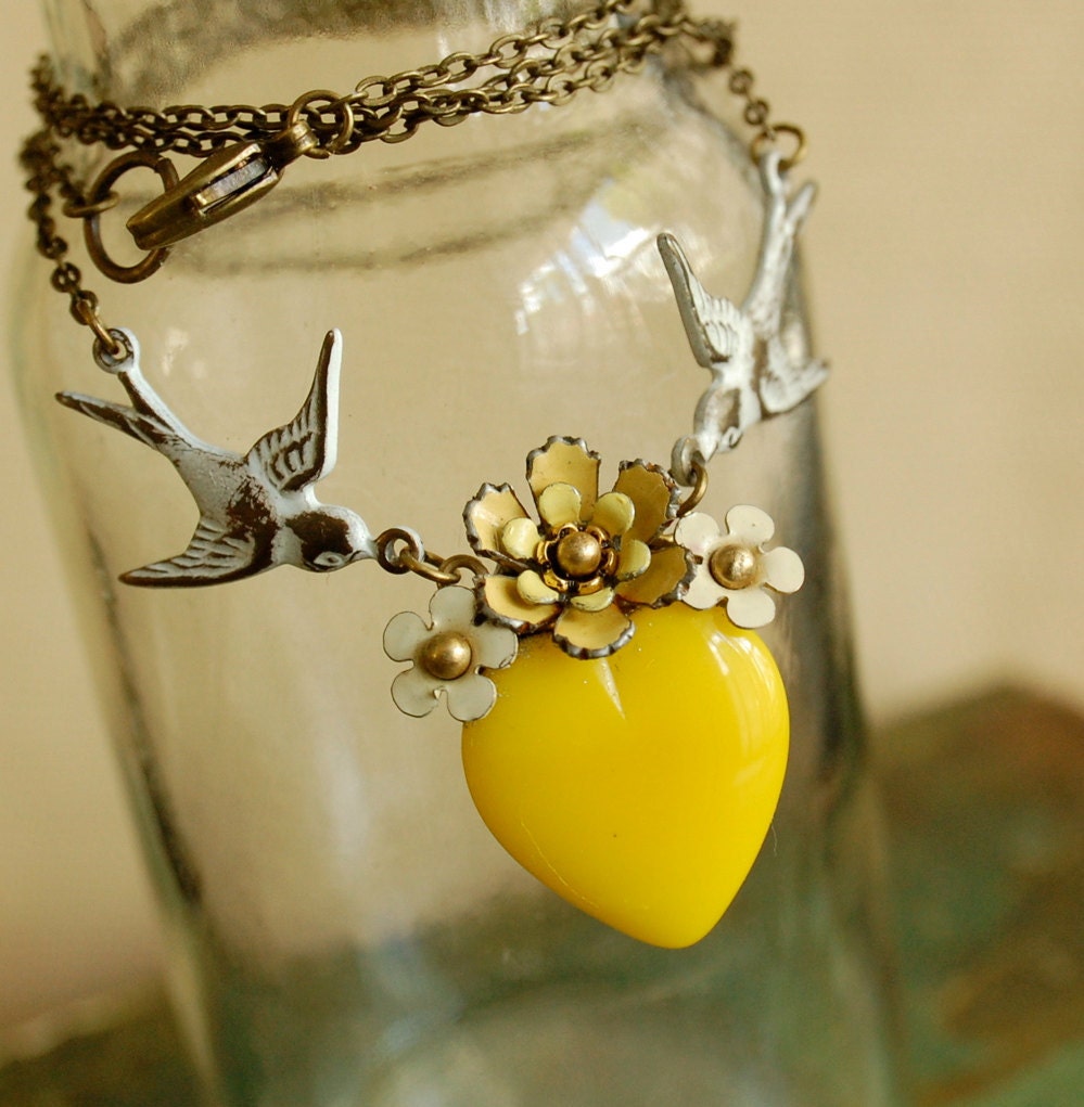 a delicate tattoo - vintage enamel flower and yellow glass heart necklace on brass chain
