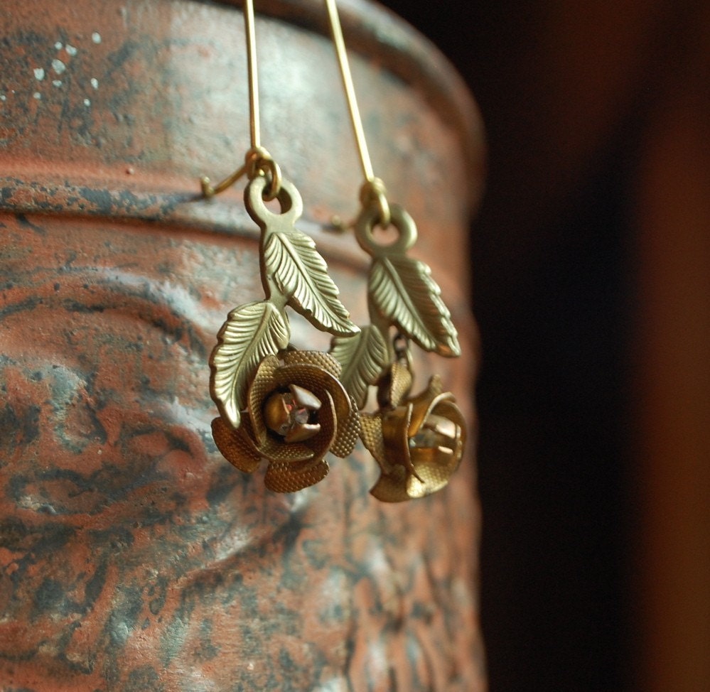 cherie - vintage brass leaf and rose earrings