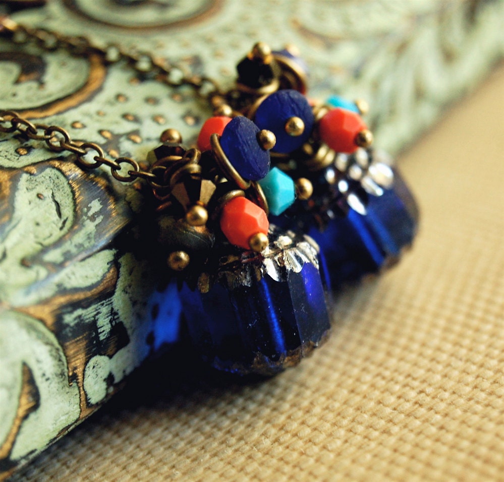 moroccan nights - beaded czech glass swarovski crystal cluster dangle earrings