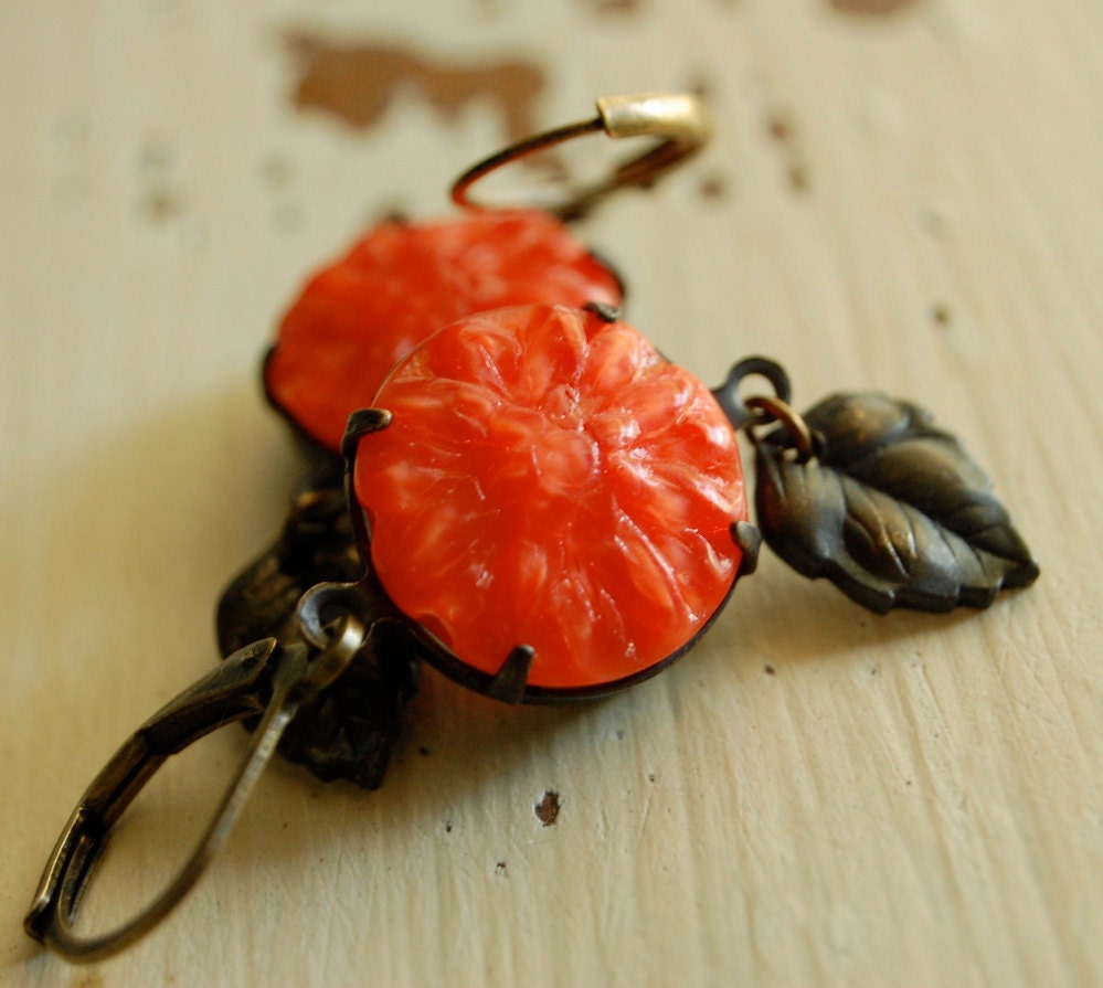 autumn candy - vintage tangerine glass and hand aged brass leaf earrings