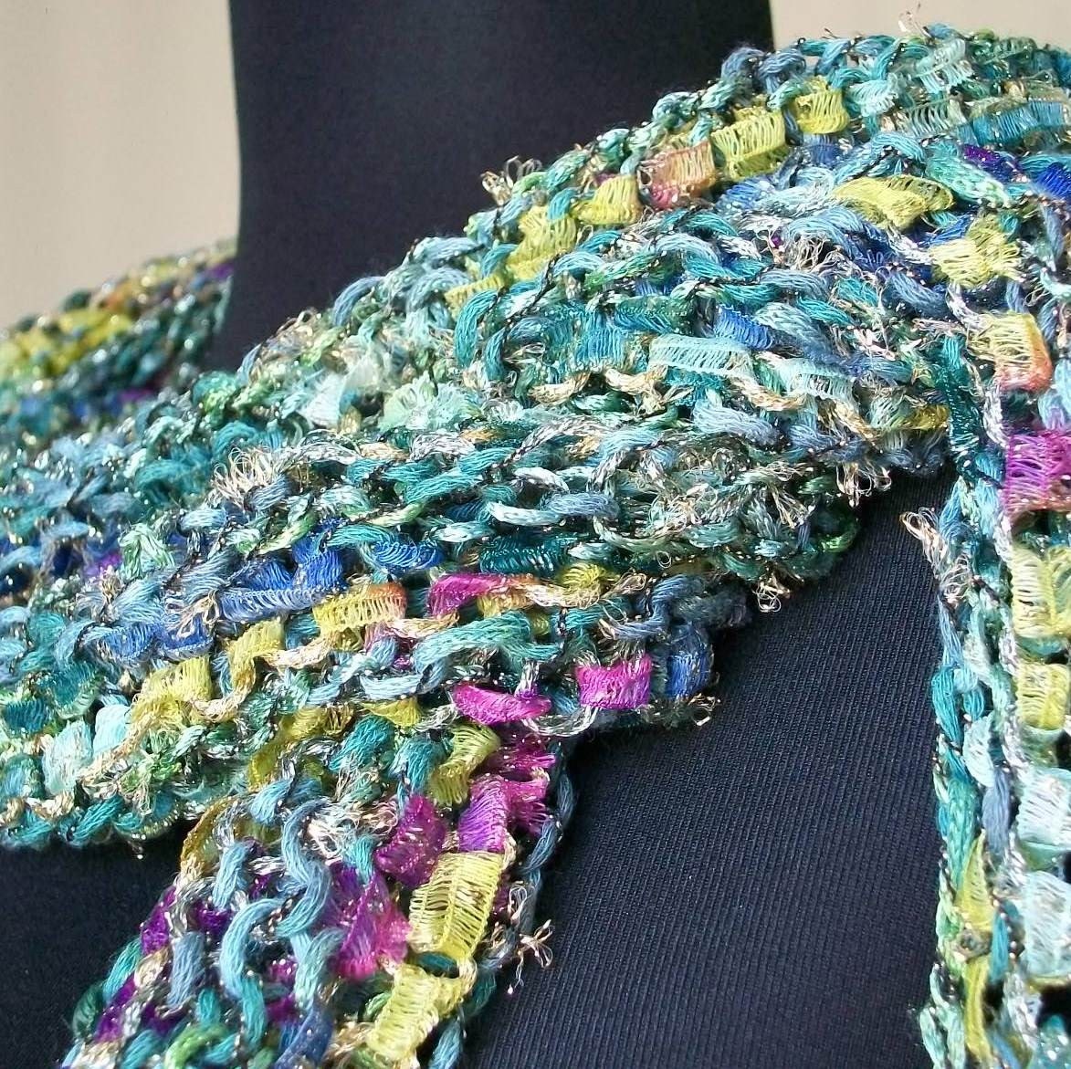 SALE Hand Knit Green, Yellow and Pink Scarf  Wrap - Garden Parfait