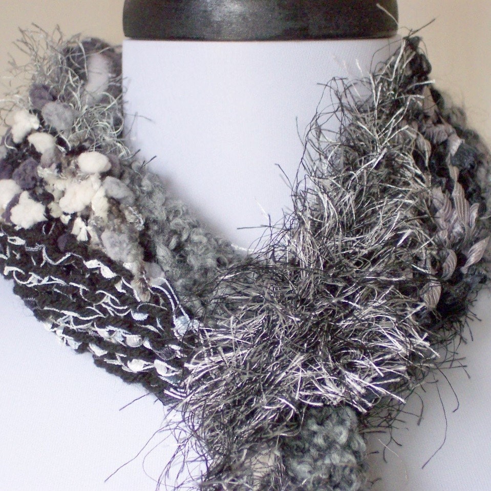 SALE Hand Knit Scarf Wrap in Black, White and Gray - Salt and Pepper