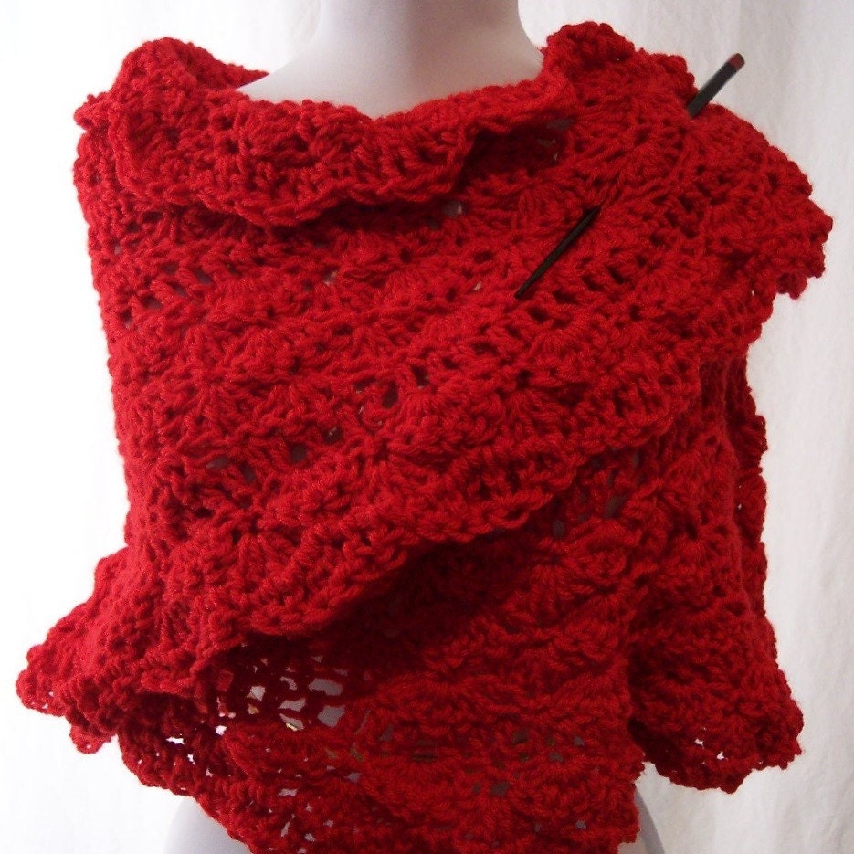 REDUCED - Hand Knit Ravishing in Red Shawl Wrap - All Proceeds Go to Charity
