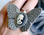 Miss Skeleton Butterfly Ring -  Ivory Black Lolita Zombie Gothic Cameo - SOLDERED - Made in USA Components
