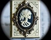 Miss Skeleton Gothic Book Photo locket ring - IVORY BLACK Zombie Lady Decay Cameo - bronze brass