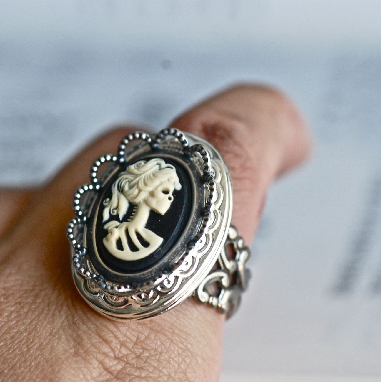 Back in Stock - Miss Skeleton Locket Filigree Ring - SOLDERED - Ivory Black Lady Skull Zombie Gothic Cameo