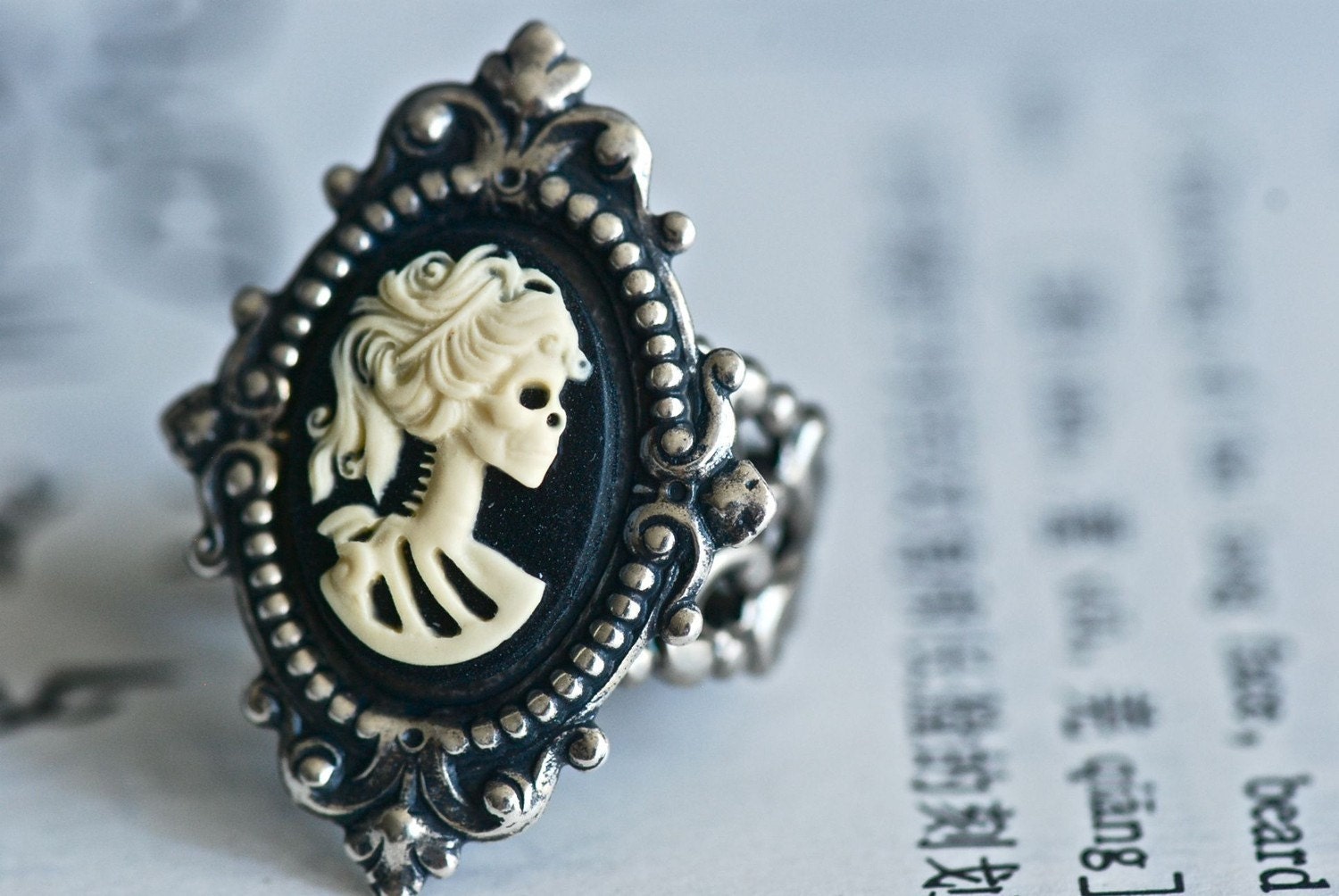 Miss Skeleton Ring - Ivory Black VIctorian Goth Lady Cameo - SOLDERED - Made in USA Components
