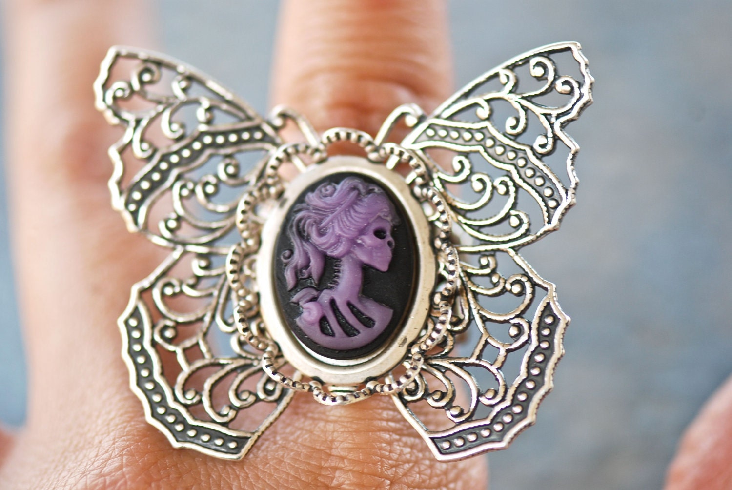 NEW - Miss Skeleton Butterfly Ring - Soldered - Made in USA components - Purple Black Lolita Skeleton Cameo