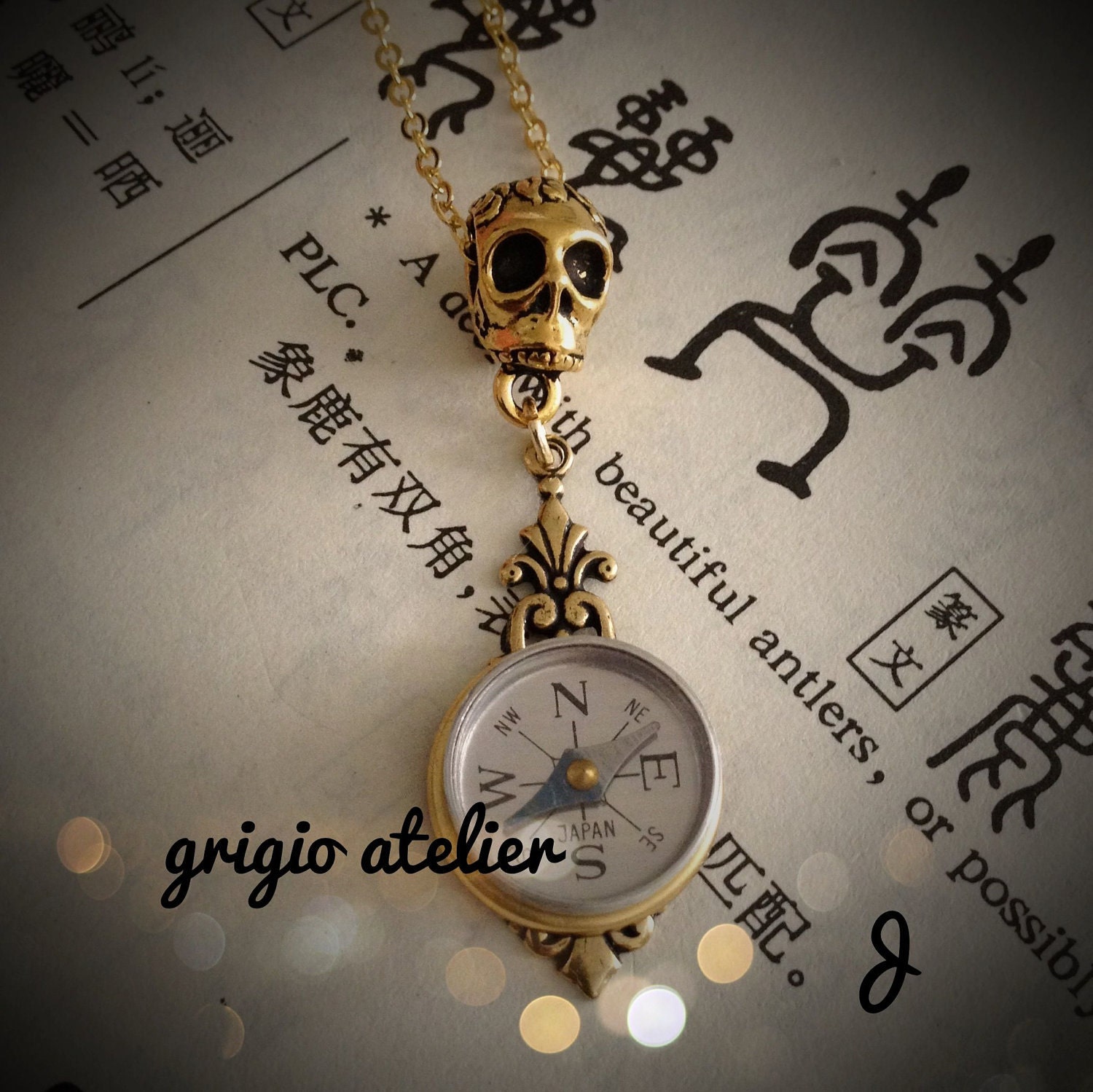 Last in Stock - Compass No. 5 Necklace - Working compass Tierra Cast Rose Skull - Made in USA Antique Gold - LIMITED