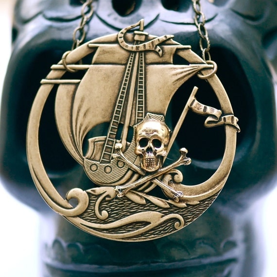 Black Pearl Necklace - Skull Crossbones Pirate Made in USA brass stampings
