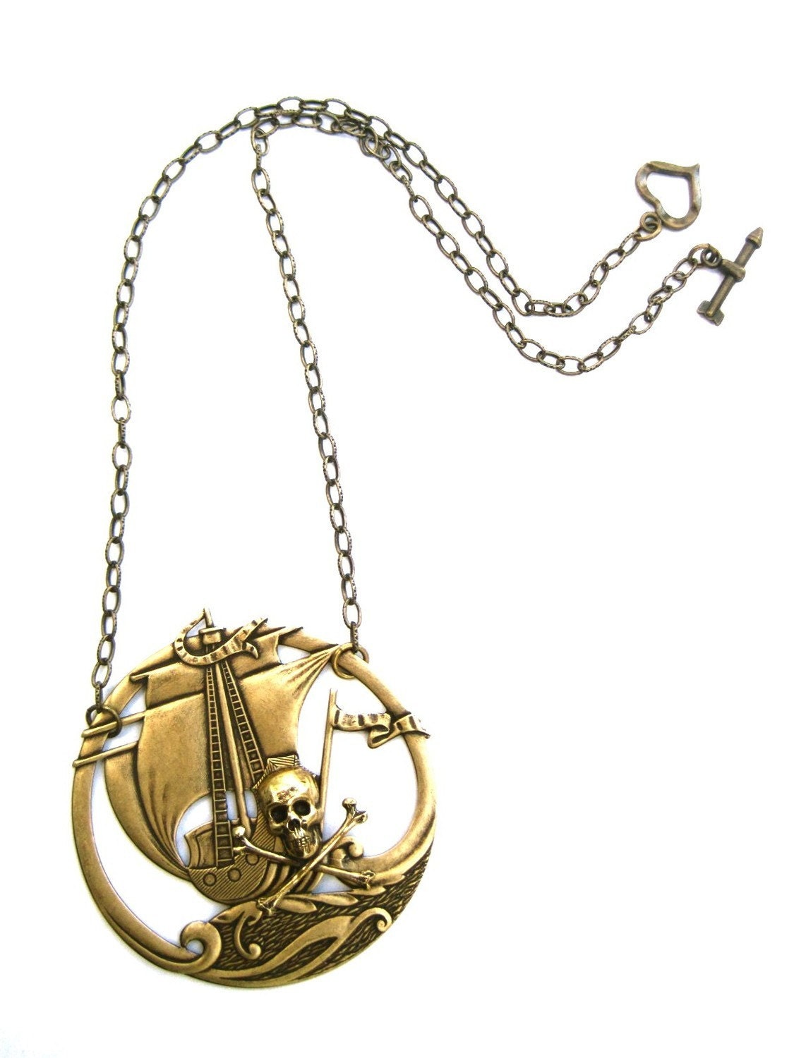 Black Pearl Necklace - Skull Crossbones Pirate Made in USA brass stampings