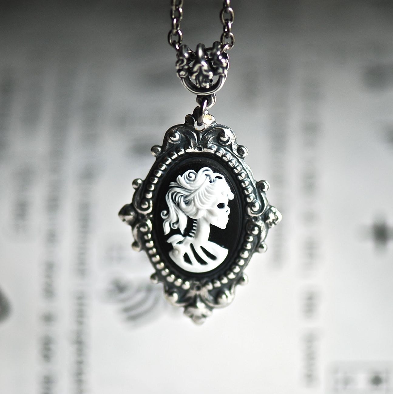 Miiss Skeleton Victorian Goth necklace - Gothic Zombie Lady Cameo - Made in USA Stampings - 2 Different Cameo Colors