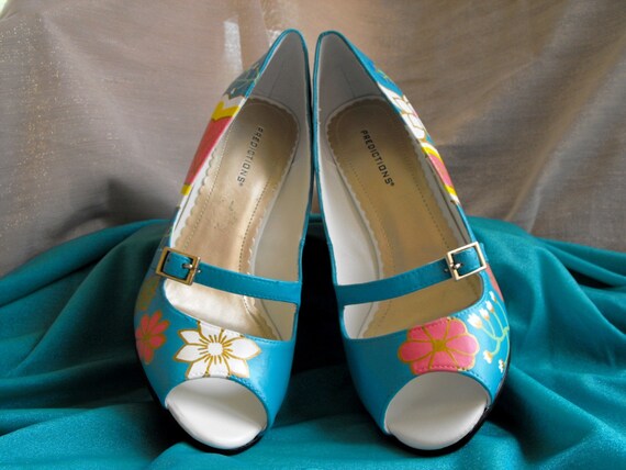 Custom Hand Painted 'Bright Autumn' Leather Peep-Toe Mary Jane Heels - OOAK