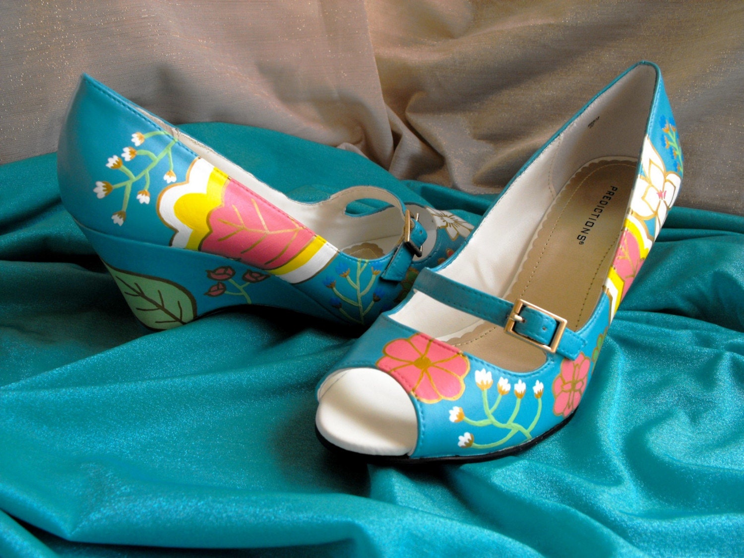 Custom Hand Painted 'Bright Autumn' Leather Peep-Toe Mary Jane Heels - OOAK