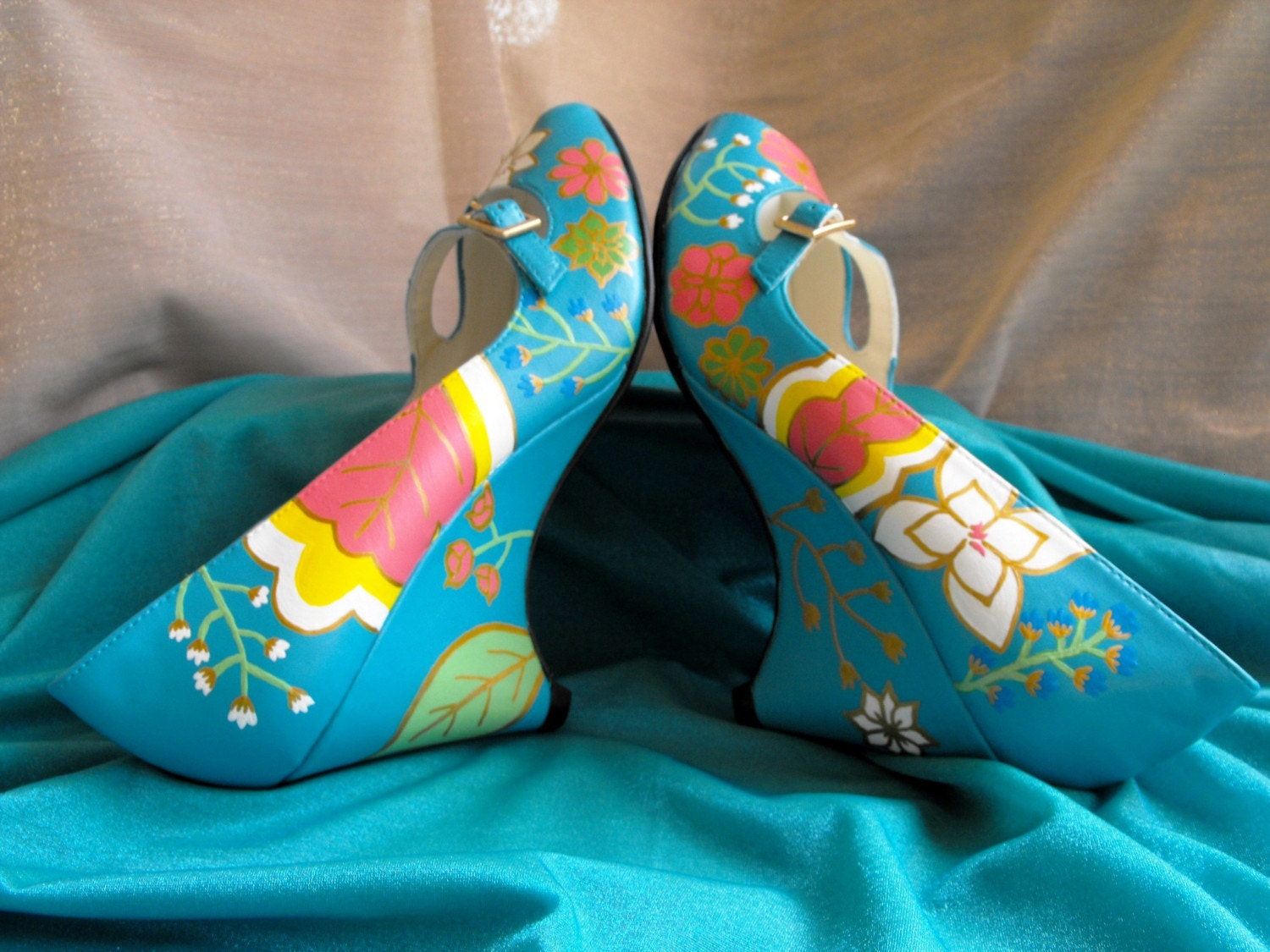 Custom Hand Painted 'Bright Autumn' Leather Peep-Toe Mary Jane Heels - OOAK